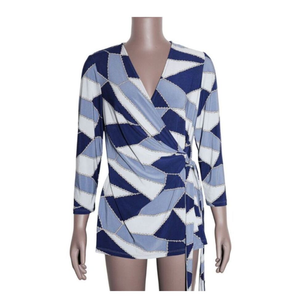 Anne Klein Blue Print Wrap Top V Neck 3/4 Sleeve Tie Waist Womens Size M